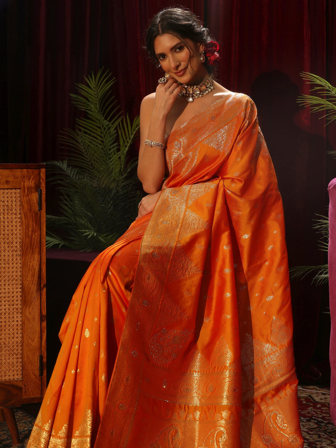 Mameraa Orange Banarasi Silk Blend Saree