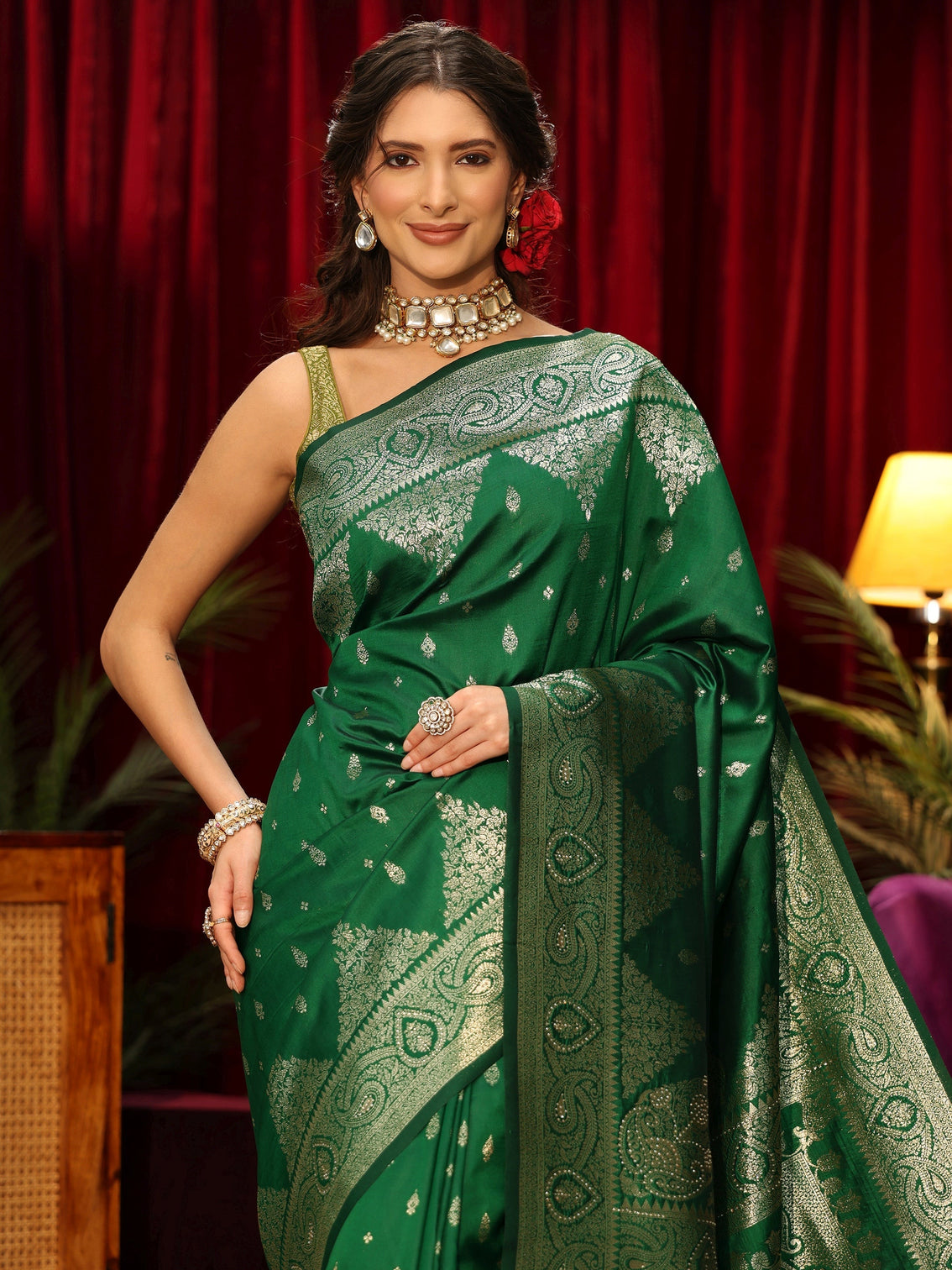 Mameraa Bottle Green Banarasi Silk Blend Saree