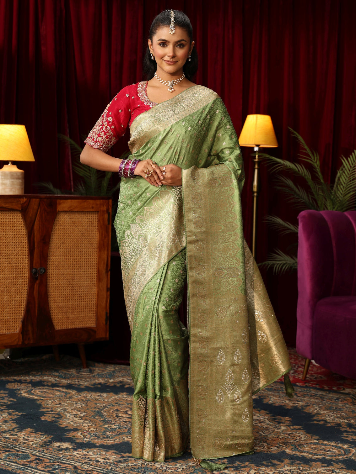 Mameraa Sage Green Woven Design Satin Saree with Stone Work