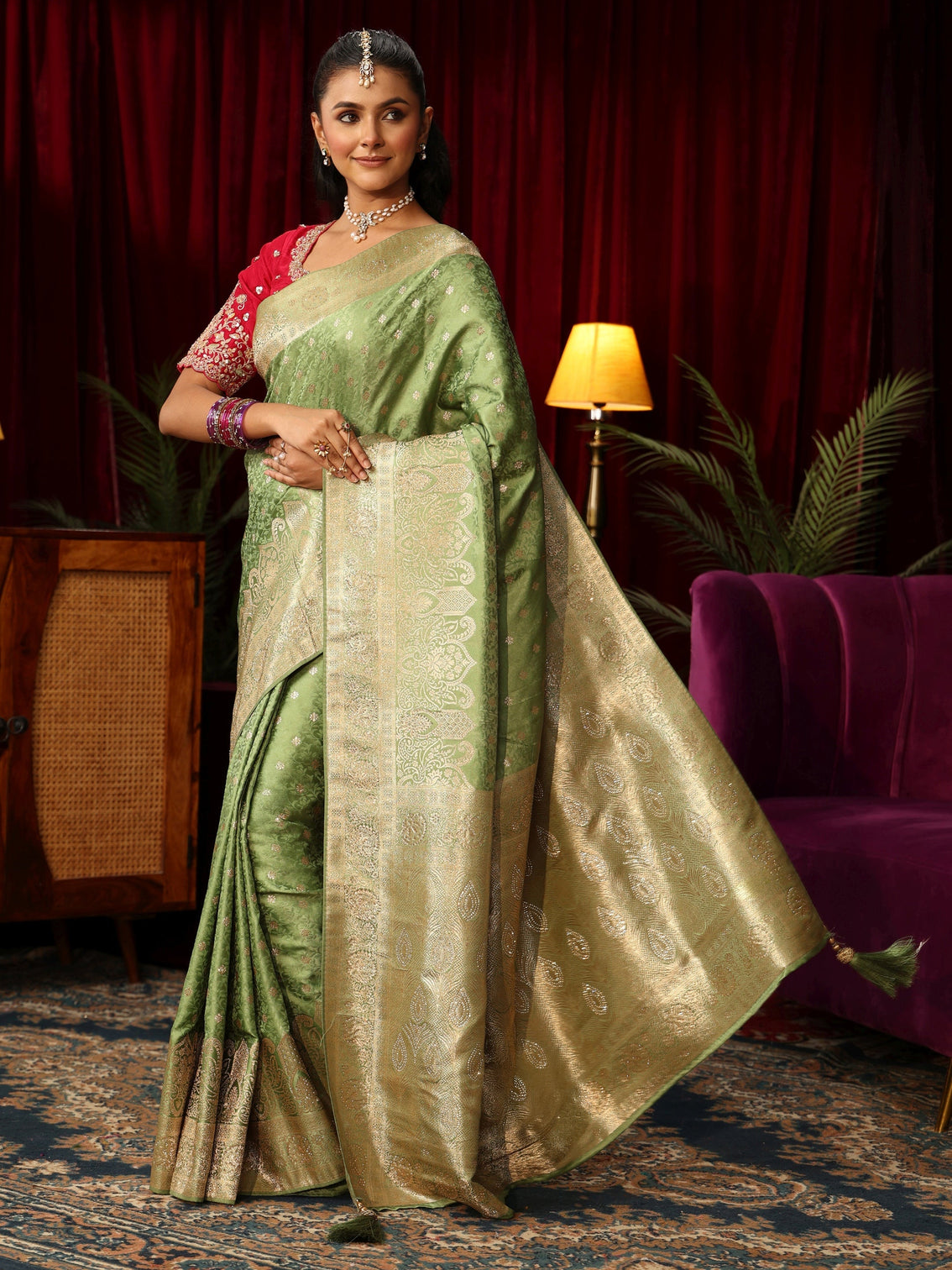 Mameraa Sage Green Woven Design Satin Saree with Stone Work