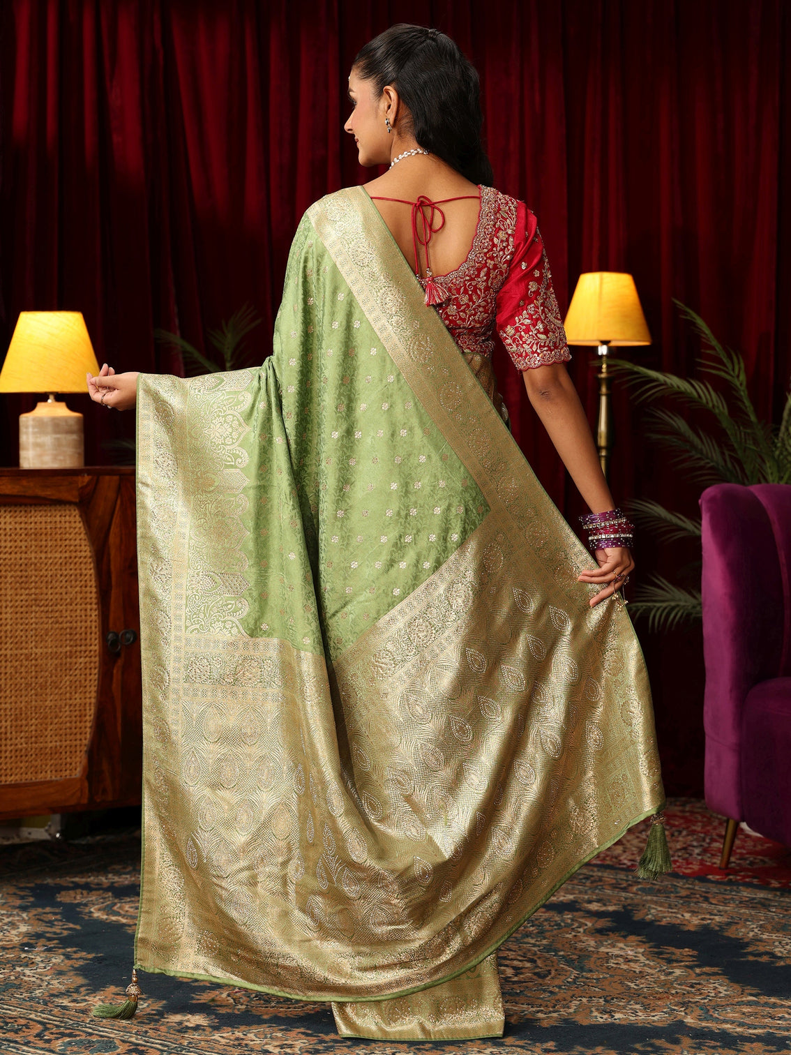 Mameraa Sage Green Woven Design Satin Saree with Stone Work