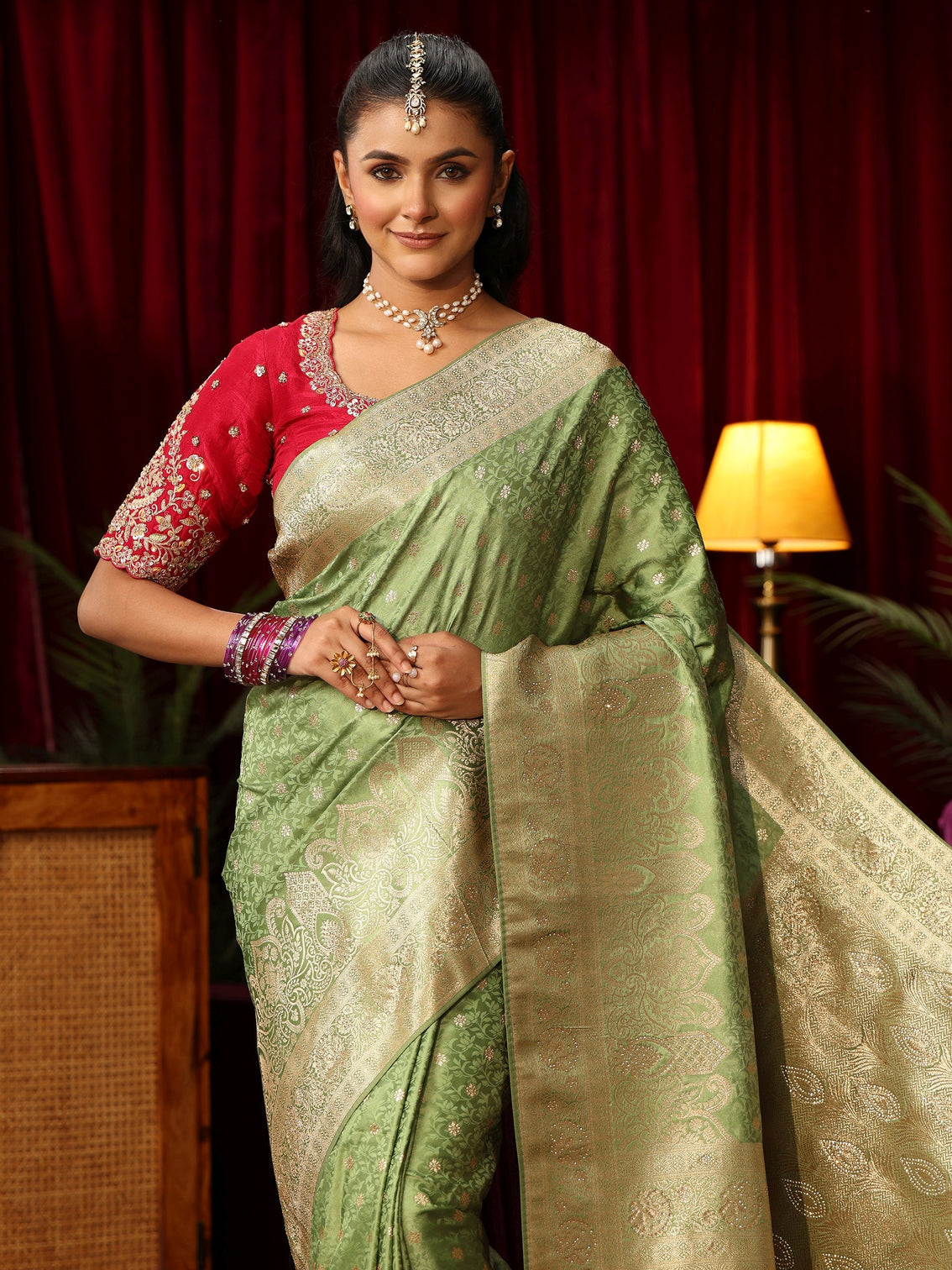 Mameraa Sage Green Woven Design Satin Saree with Stone Work