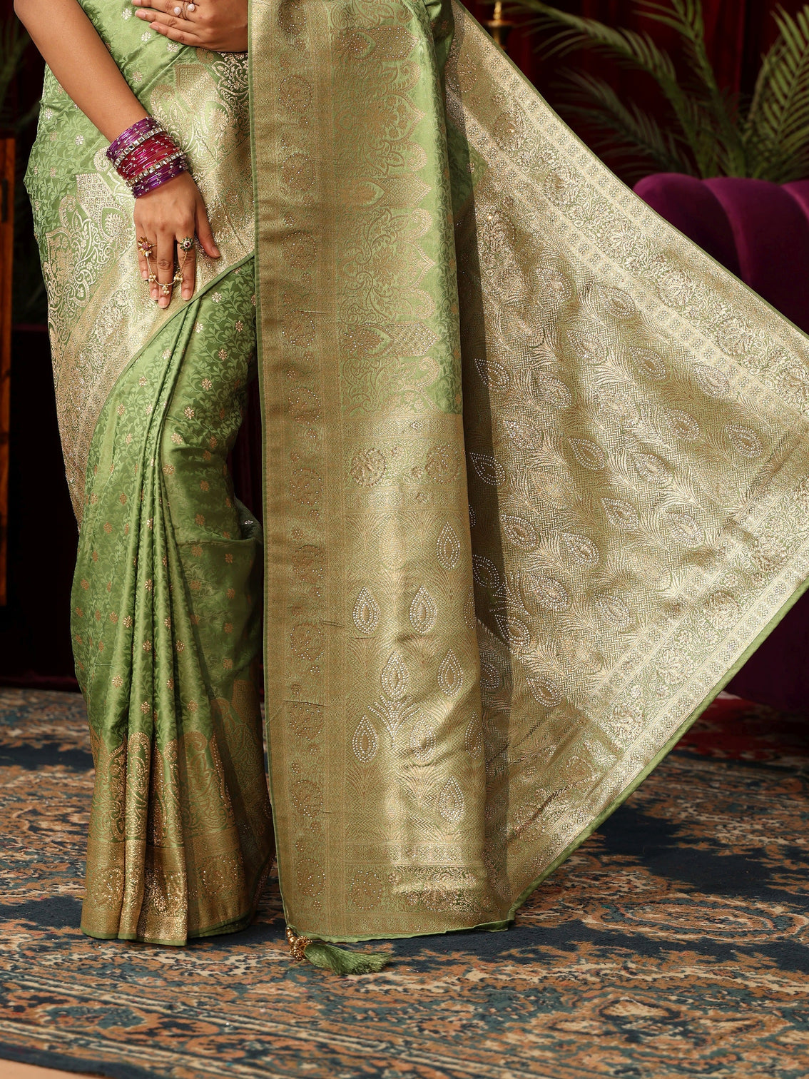 Mameraa Sage Green Woven Design Satin Saree with Stone Work