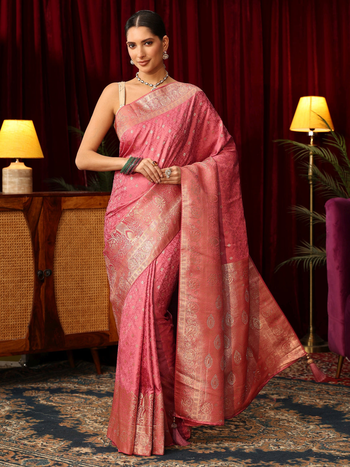Mameraa Pink Floral Woven Design Satin Saree with Embellished Pallu
