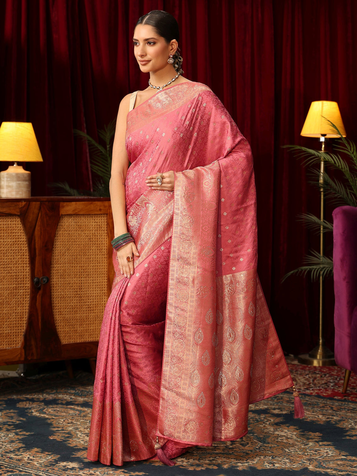 Mameraa Pink Floral Woven Design Satin Saree with Embellished Pallu