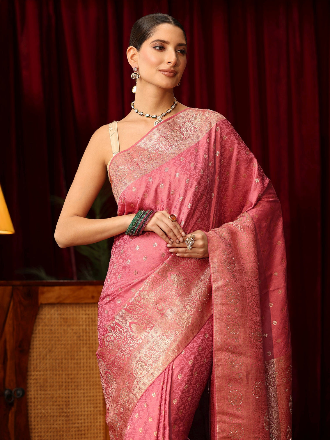 Mameraa Pink Floral Woven Design Satin Saree with Embellished Pallu