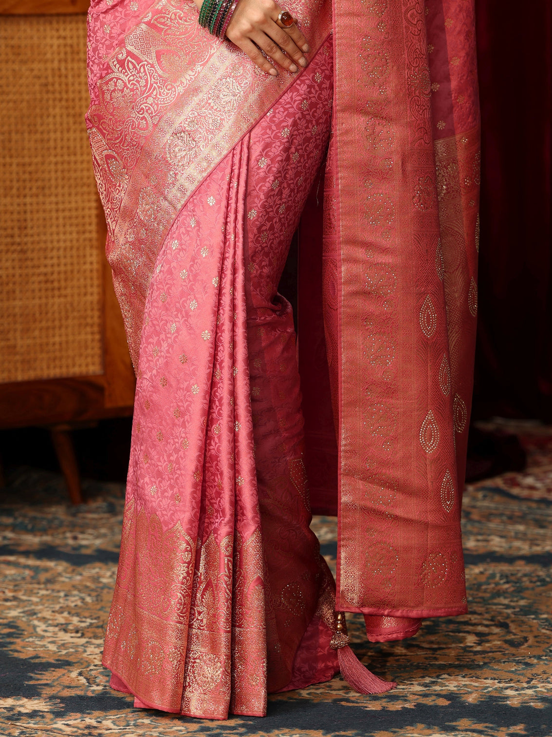 Mameraa Pink Floral Woven Design Satin Saree with Embellished Pallu