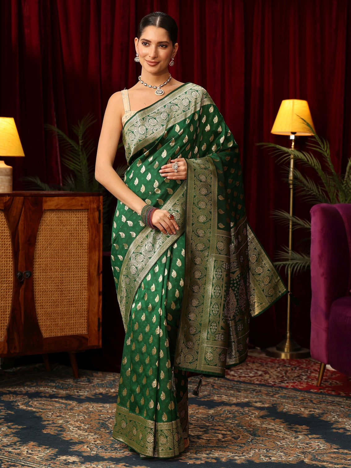 Mameraa Bottle Green Banarasi Silk Blend Saree with Stone Work