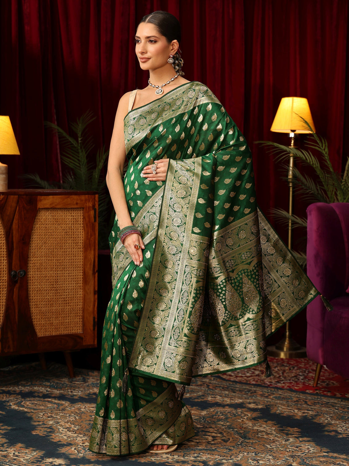 Mameraa Bottle Green Banarasi Silk Blend Saree with Stone Work