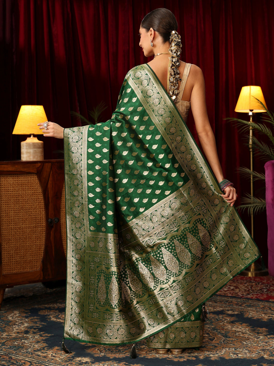 Mameraa Bottle Green Banarasi Silk Blend Saree with Stone Work