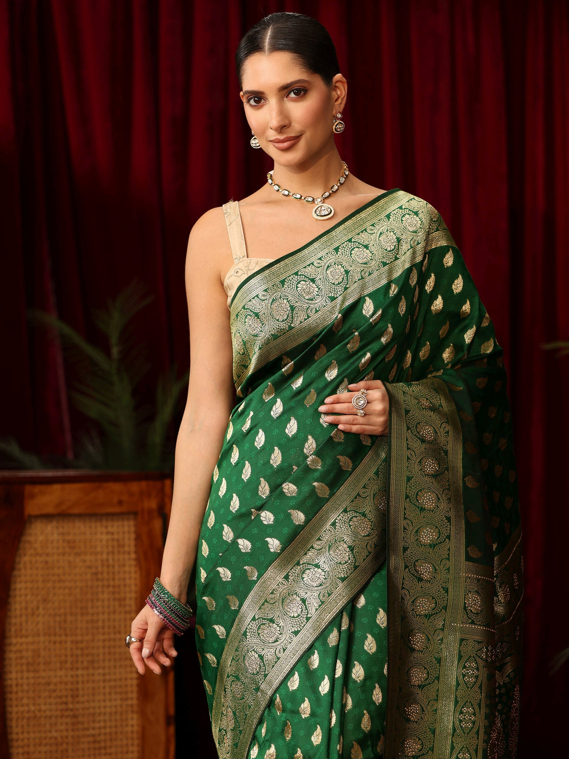 Mameraa Bottle Green Banarasi Silk Blend Saree with Stone Work