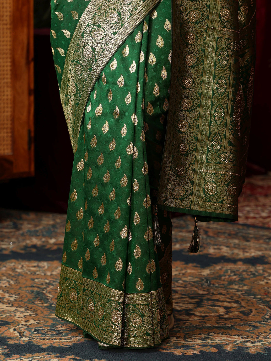 Mameraa Bottle Green Banarasi Silk Blend Saree with Stone Work