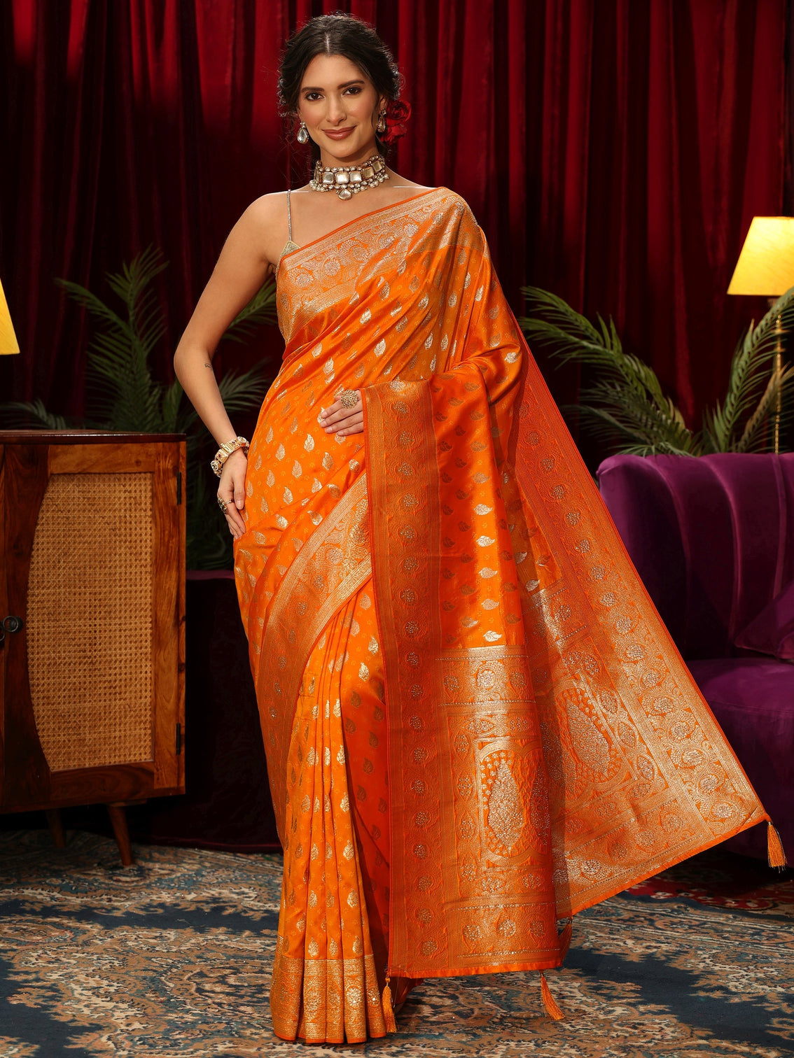 Mameraa Orange Banarasi Silk Blend Saree