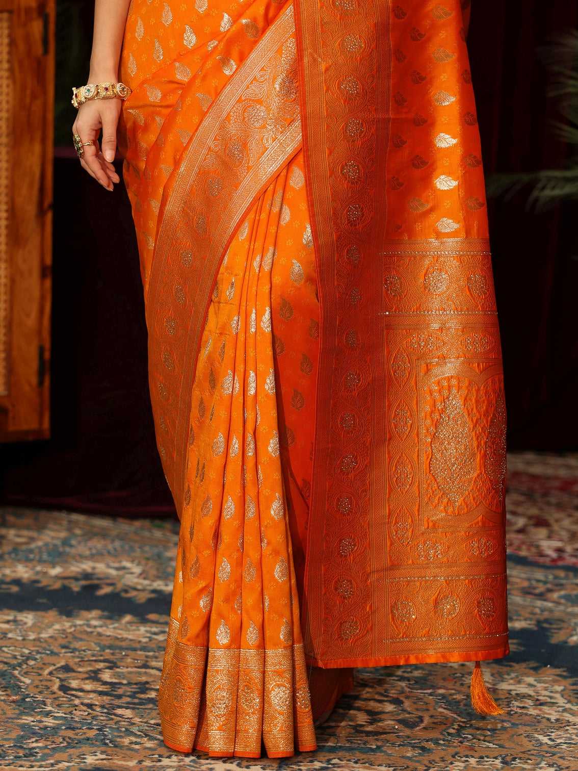 Mameraa Orange Banarasi Silk Blend Saree
