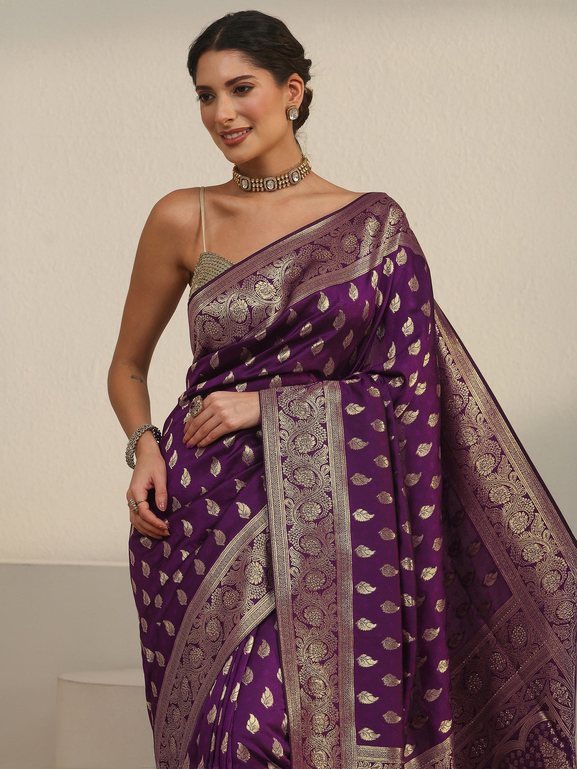 Mameraa Wine Banarasi Silk Blend Saree