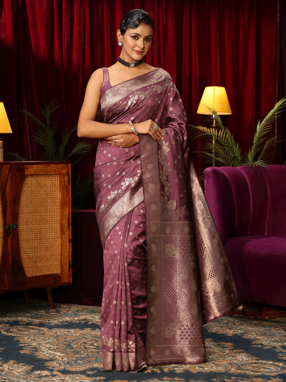 Mameraa Mauve Woven Design Embellished Brocade Saree