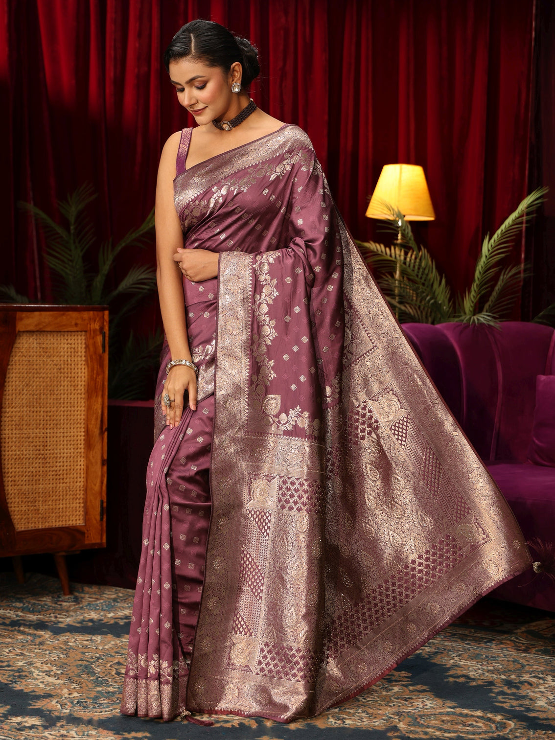 Mameraa Mauve Woven Design Embellished Brocade Saree