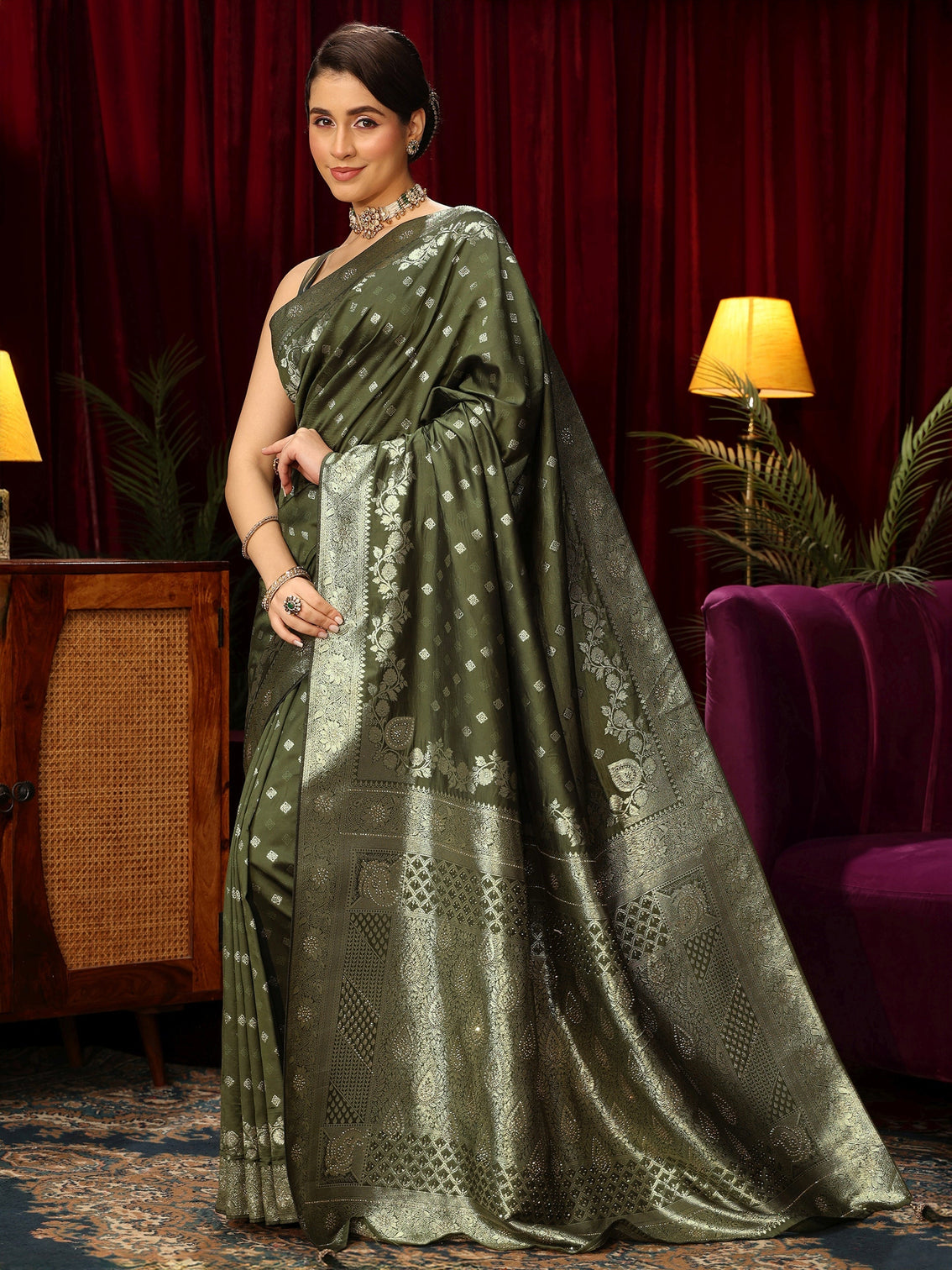 Mameraa Green Woven Design Silk Blend Saree