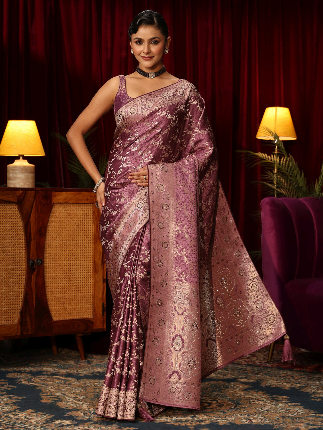 Mameraa Mauve Woven Design Embellished Satin Saree