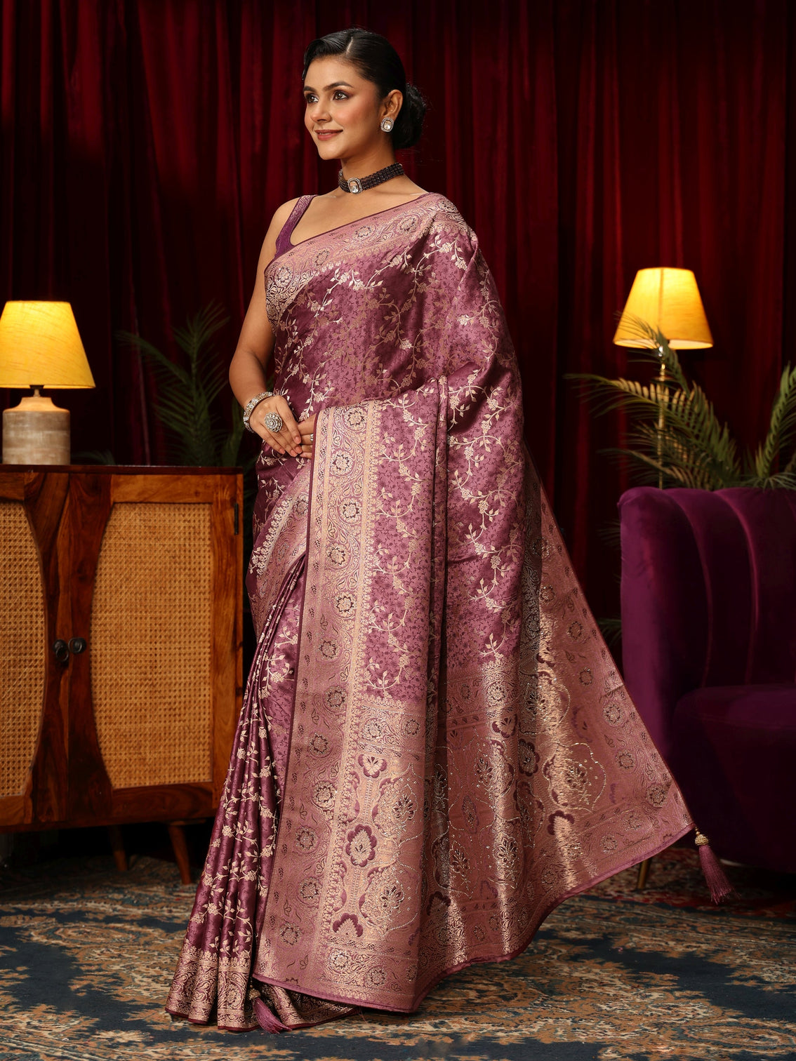 Mameraa Mauve Woven Design Embellished Satin Saree