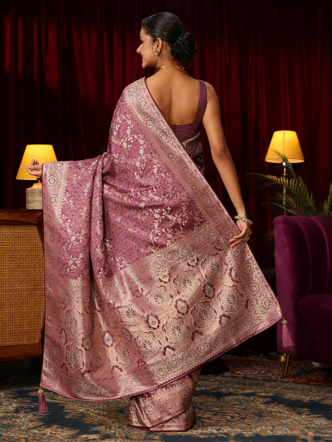 Mameraa Mauve Woven Design Embellished Satin Saree