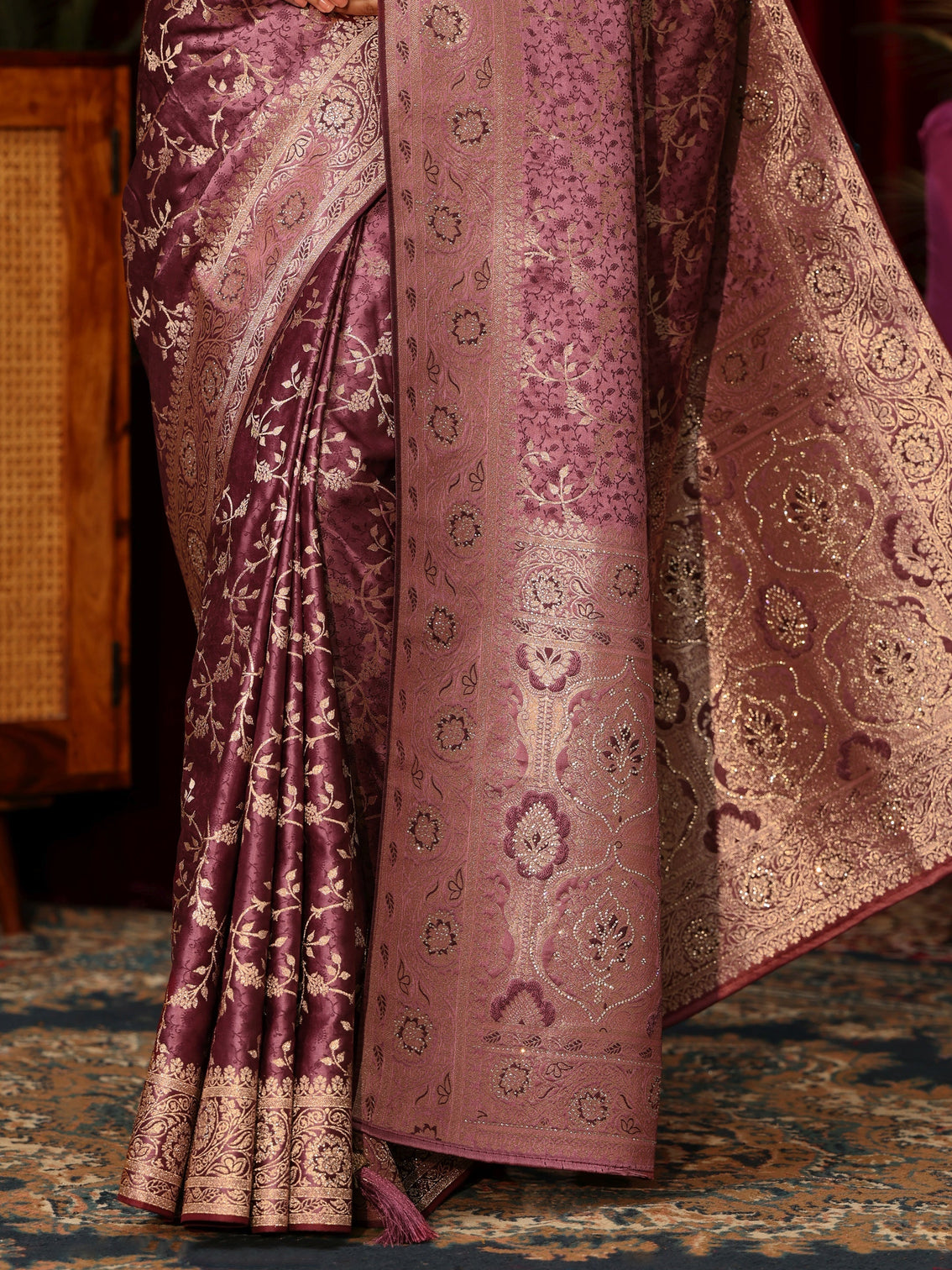 Mameraa Mauve Woven Design Embellished Satin Saree