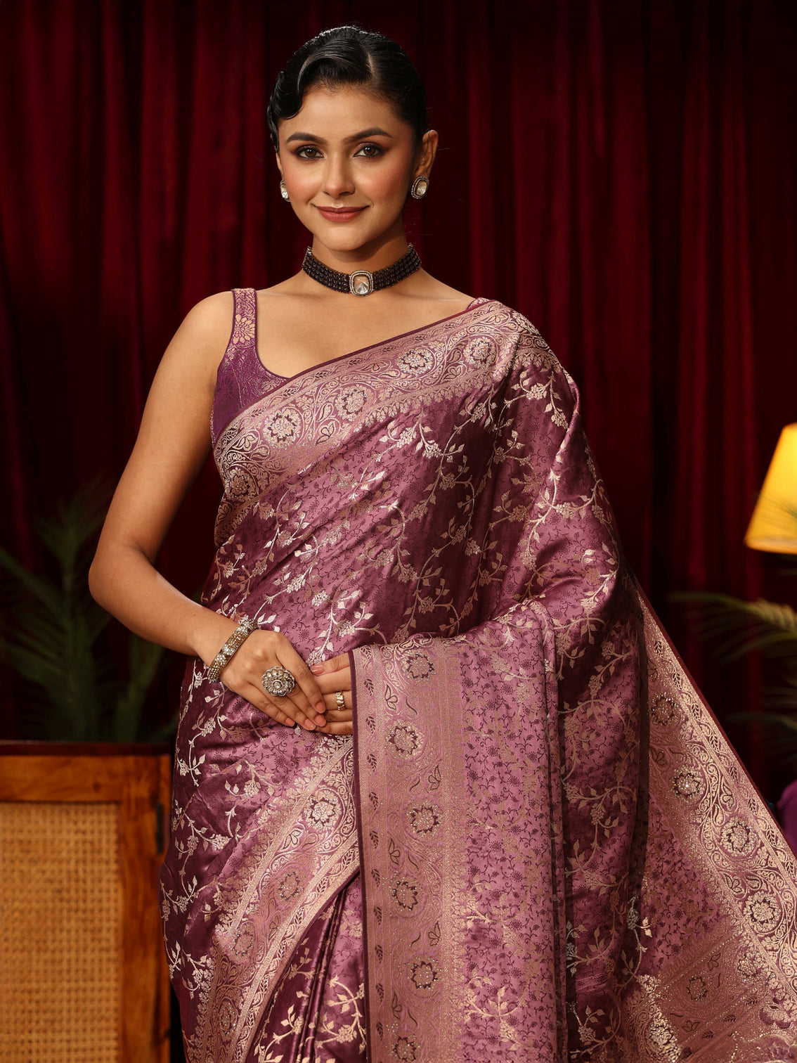 Mameraa Mauve Woven Design Embellished Satin Saree