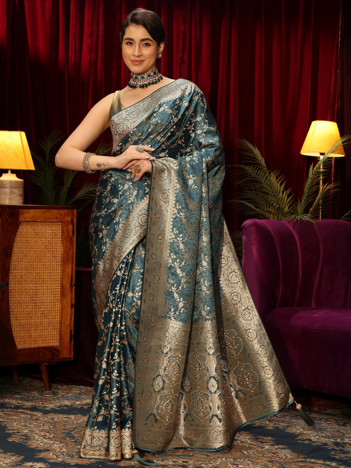 Mameraa Dusty Blue Floral Woven Design Embellished Satin Saree