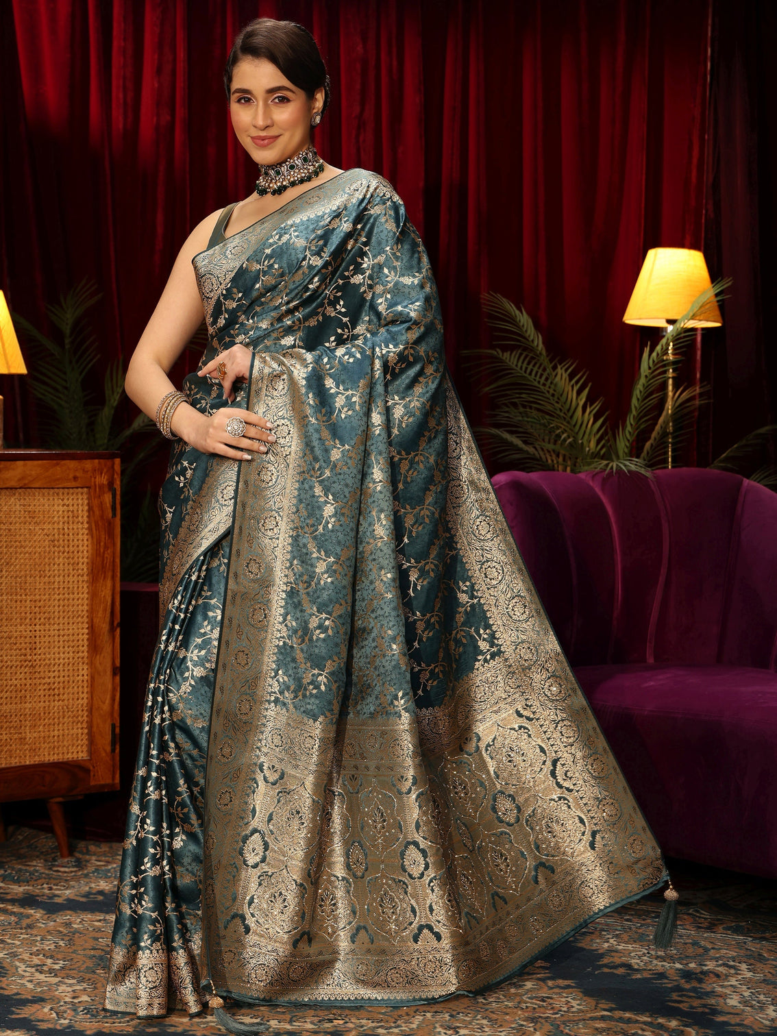 Mameraa Dusty Blue Floral Woven Design Embellished Satin Saree