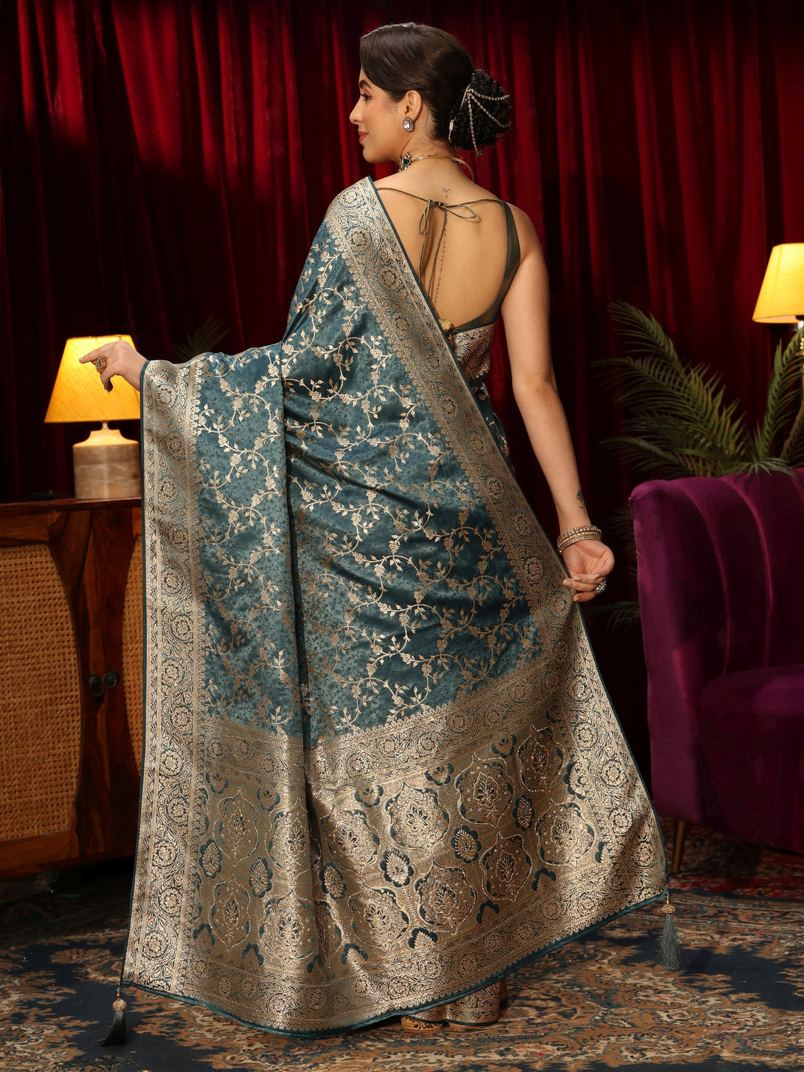 Mameraa Dusty Blue Floral Woven Design Embellished Satin Saree