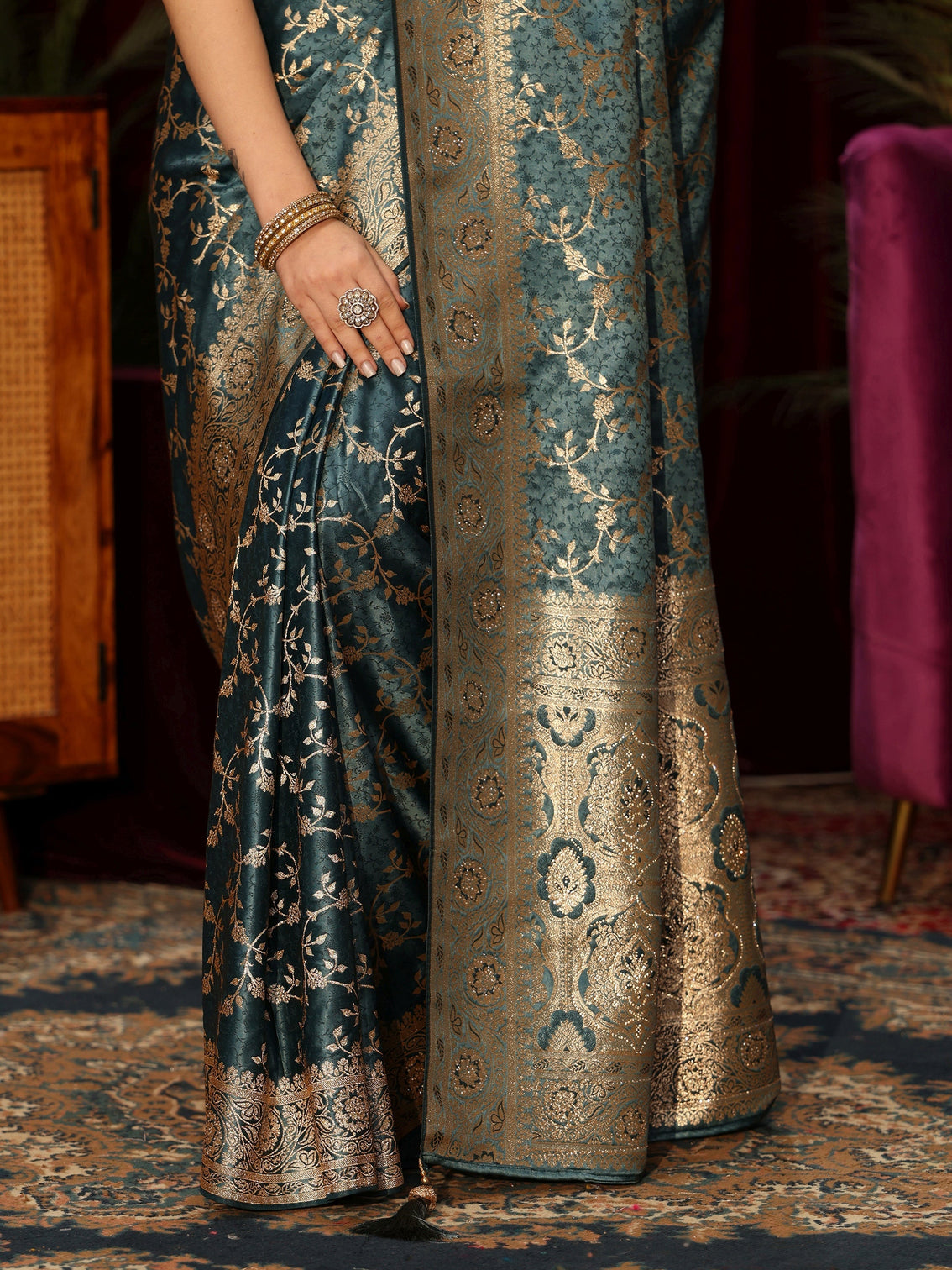 Mameraa Dusty Blue Floral Woven Design Embellished Satin Saree