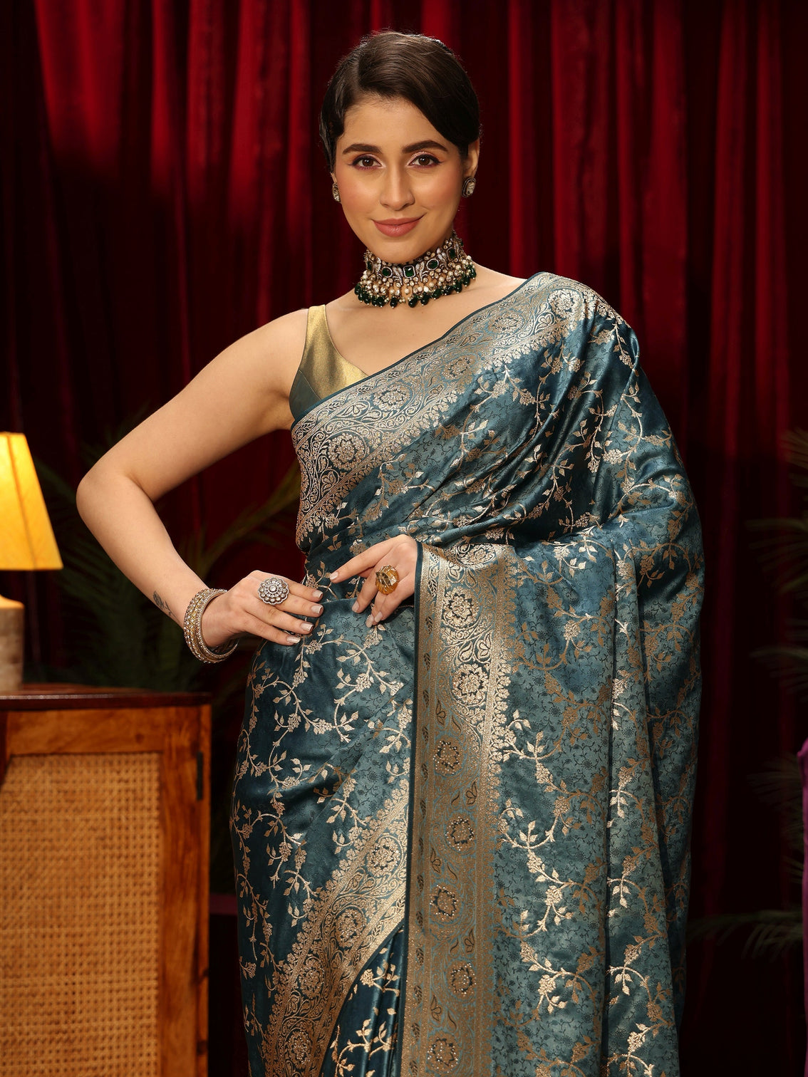 Mameraa Dusty Blue Floral Woven Design Embellished Satin Saree