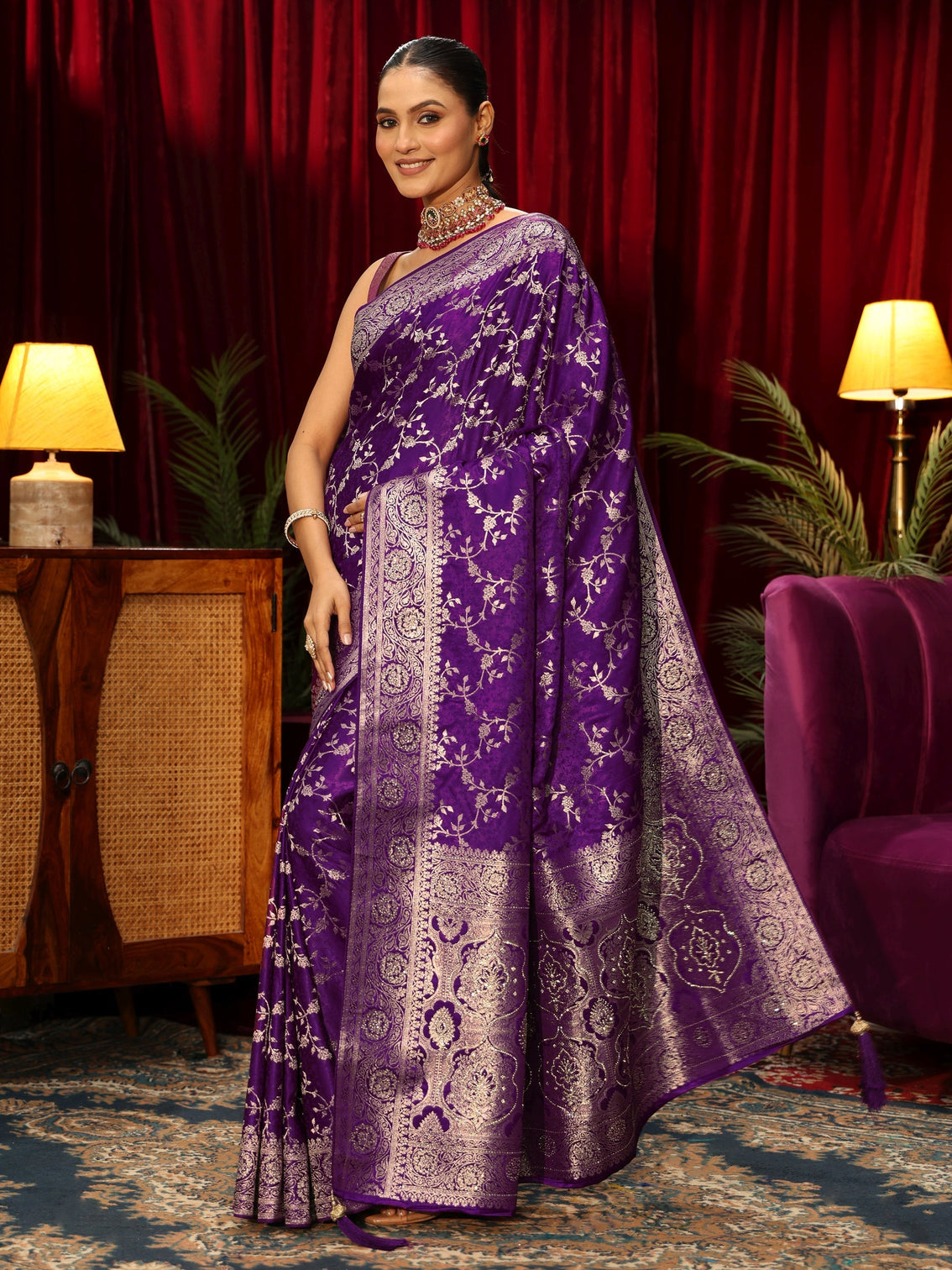 Mameraa Pansy Purple Floral Woven Design Satin Saree