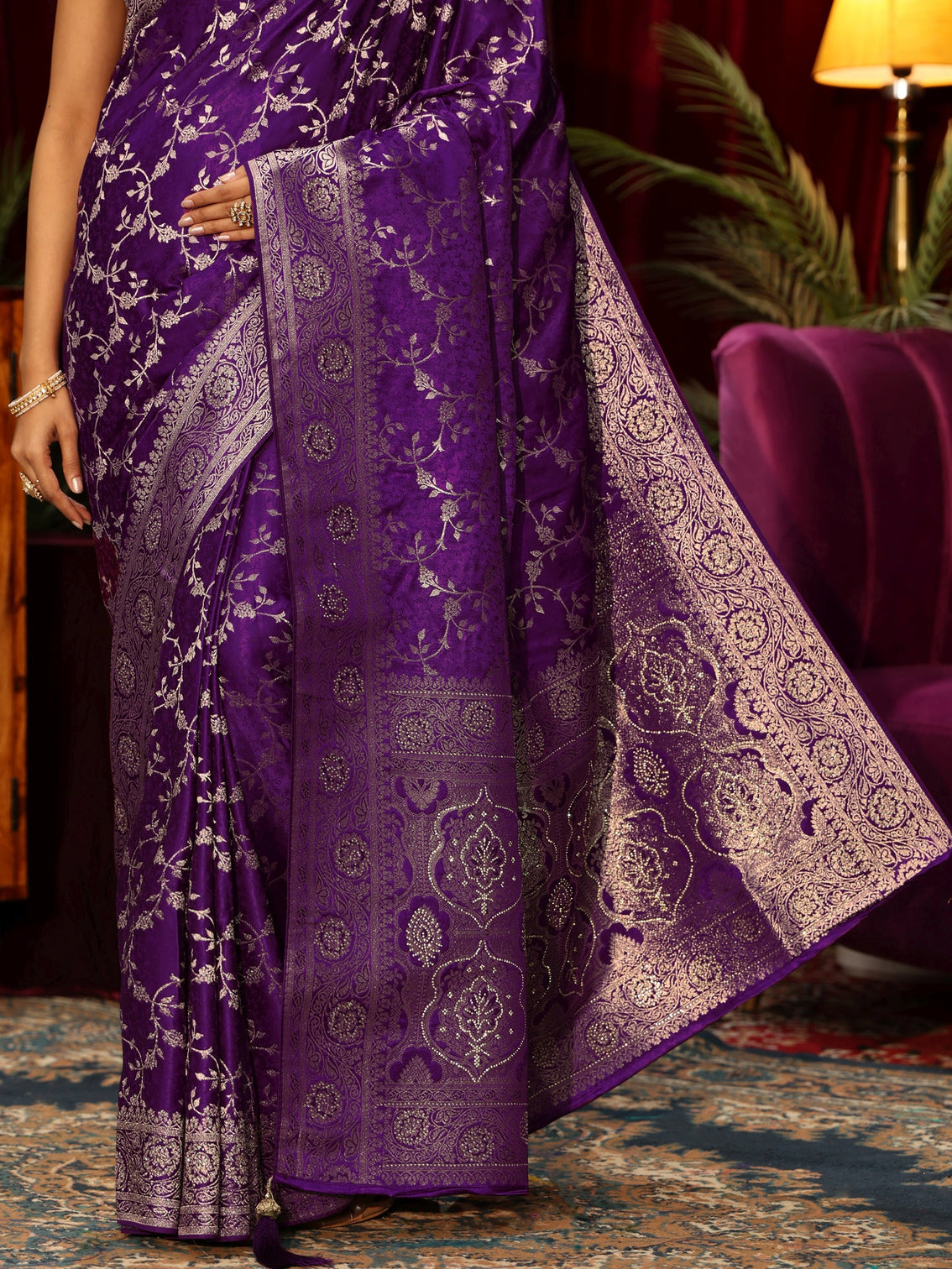 Mameraa Pansy Purple Floral Woven Design Satin Saree