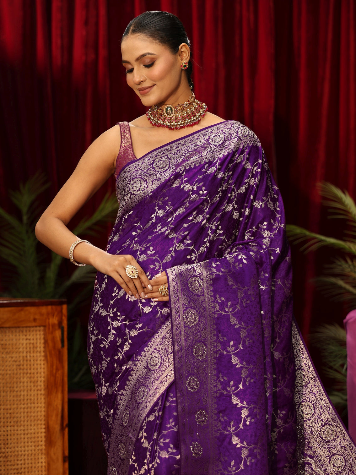 Mameraa Pansy Purple Floral Woven Design Satin Saree