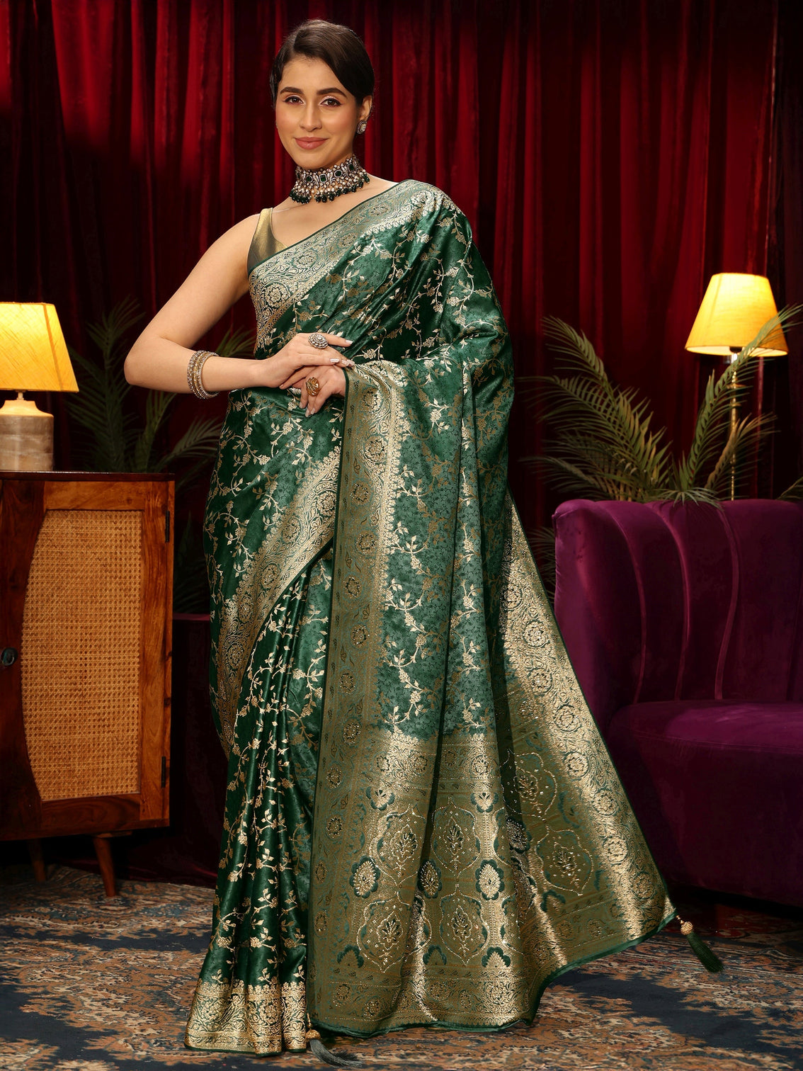 Mameraa Forest Green Floral Woven Design Embellished Satin Saree