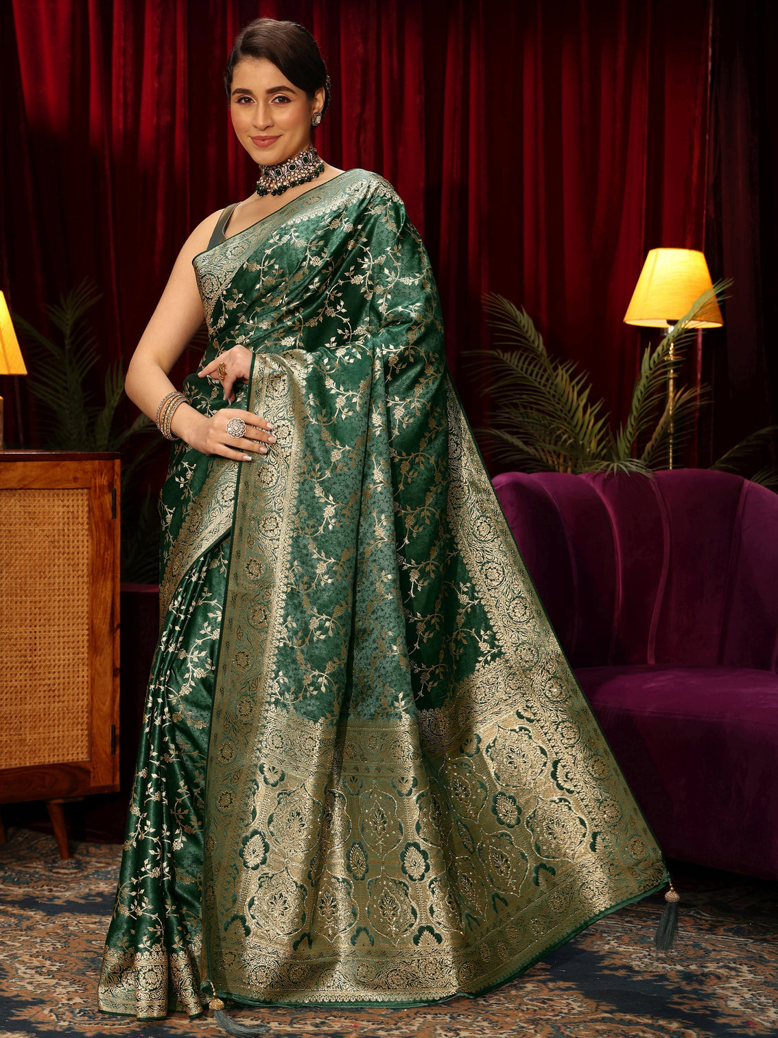 Mameraa Forest Green Floral Woven Design Embellished Satin Saree