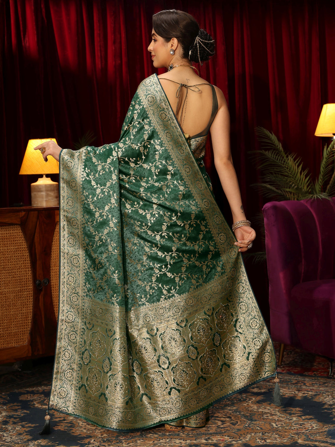 Mameraa Forest Green Floral Woven Design Embellished Satin Saree