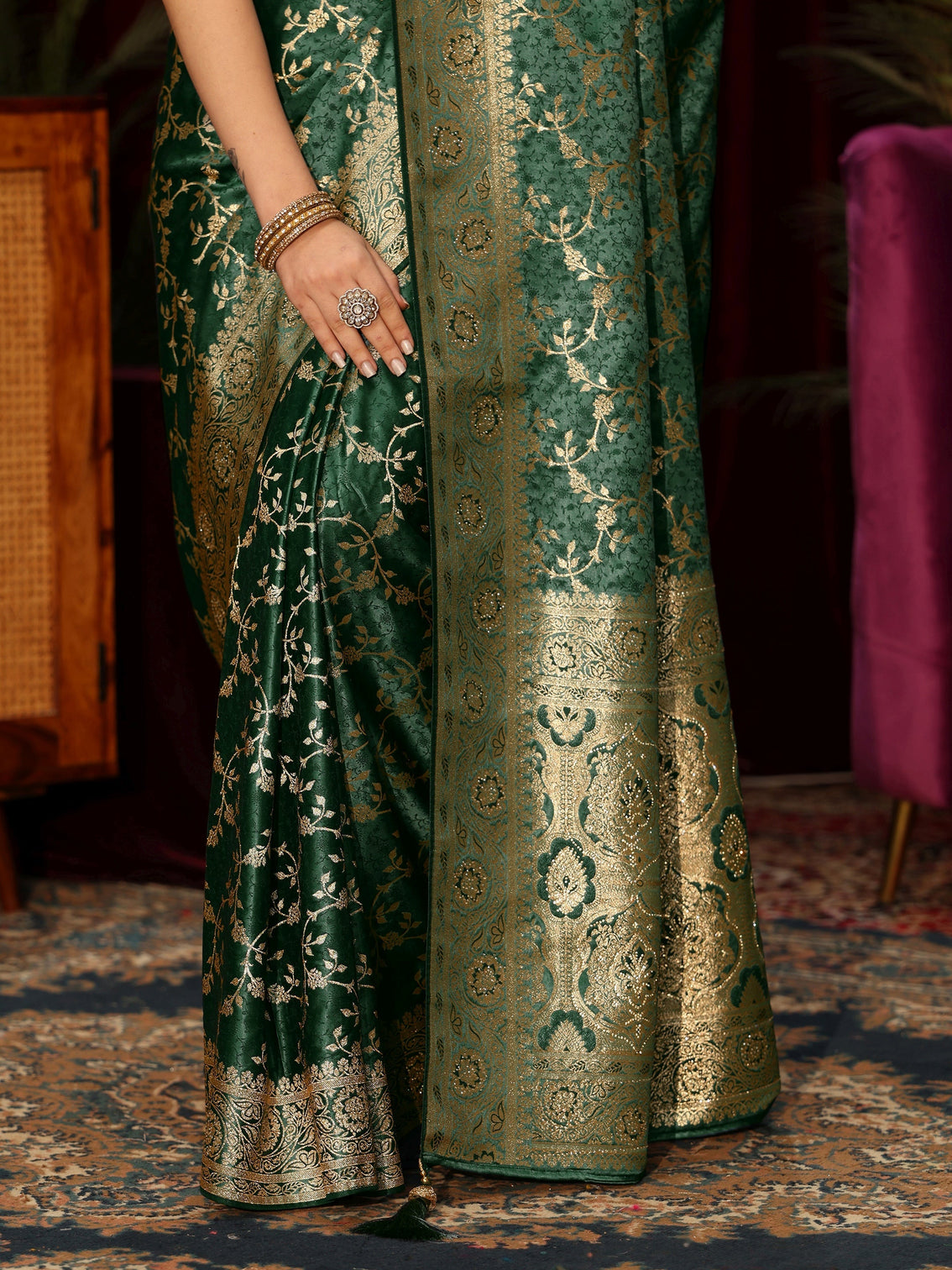 Mameraa Forest Green Floral Woven Design Embellished Satin Saree