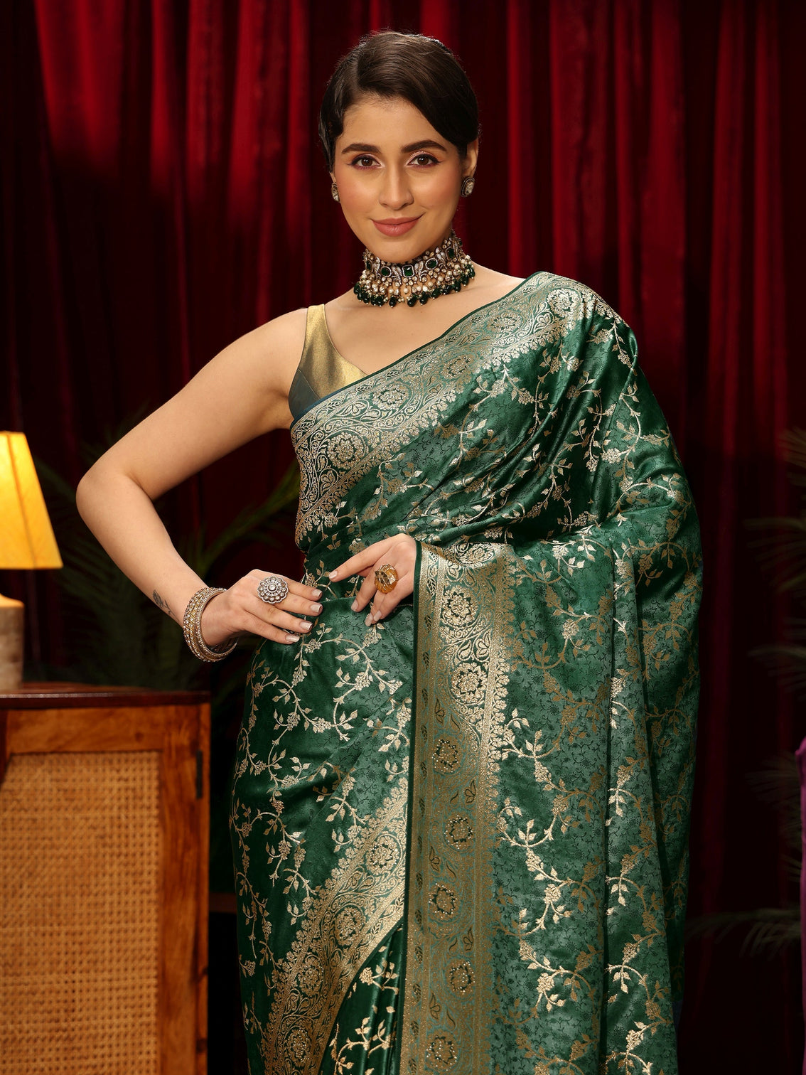 Mameraa Forest Green Floral Woven Design Embellished Satin Saree