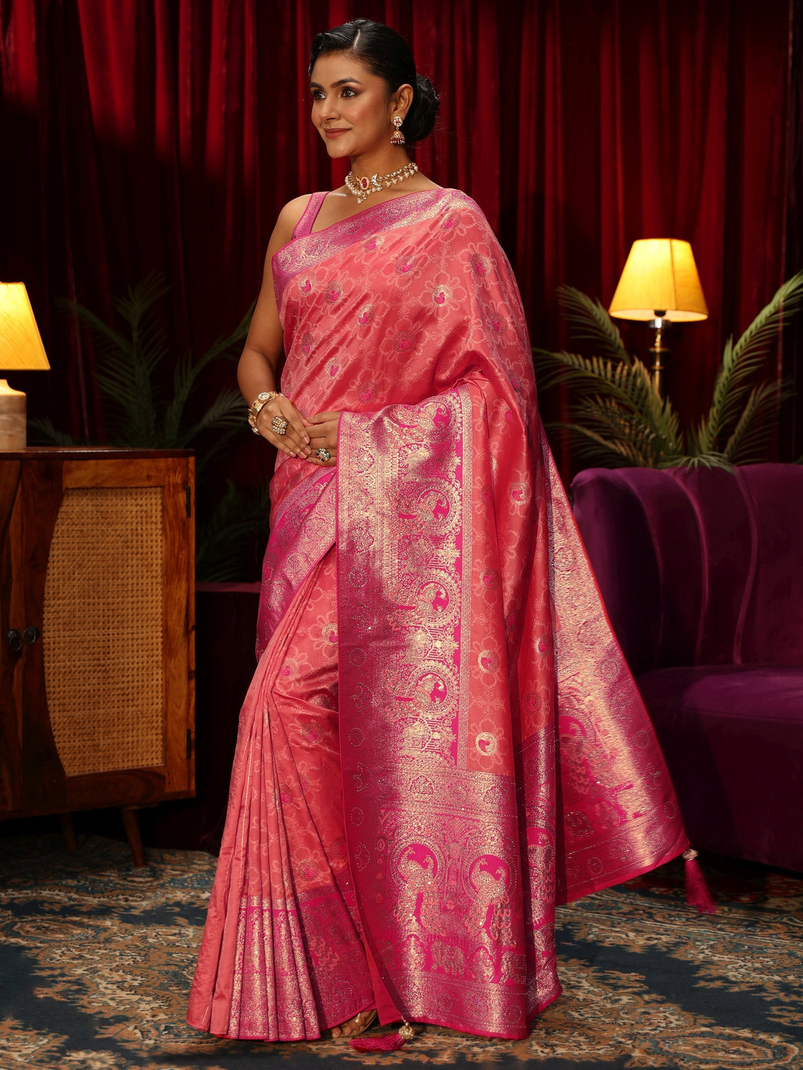 Mameraa Pink Floral Woven Design Embellished Silk Blend Saree