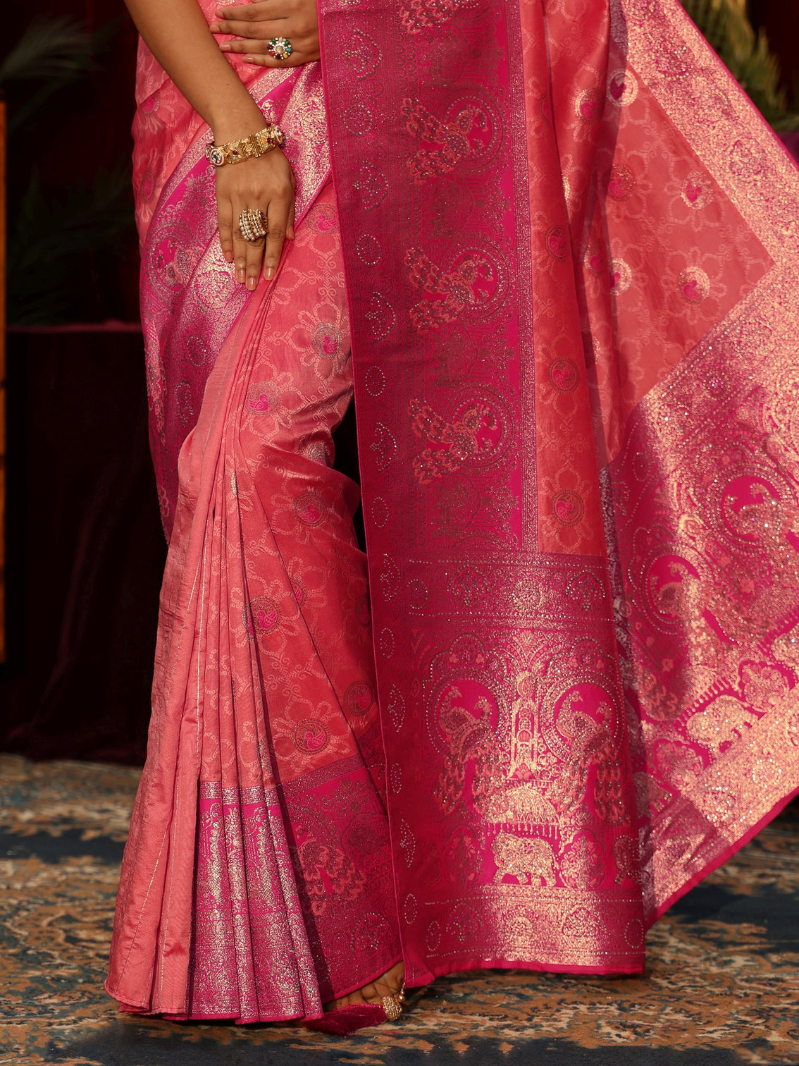 Mameraa Pink Floral Woven Design Embellished Silk Blend Saree