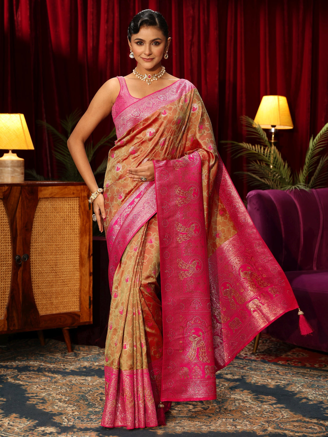 Mameraa Light Orange Floral Woven Design Embellished Silk Blend Saree