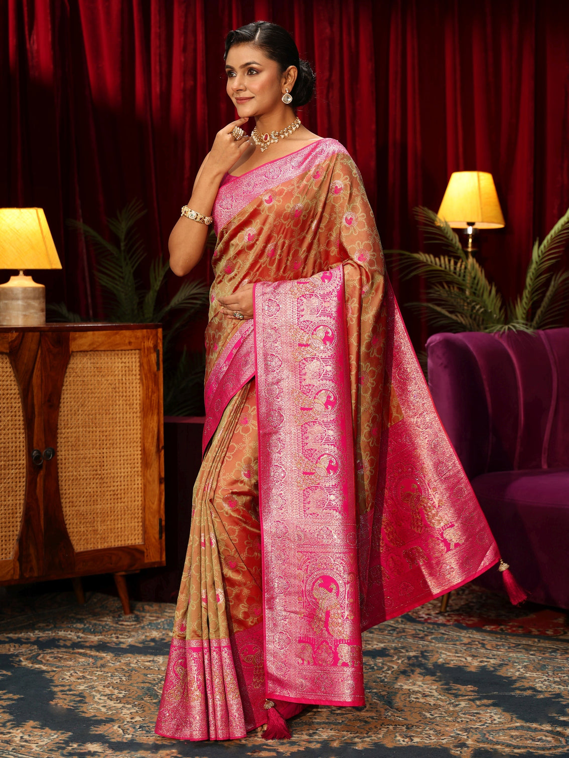 Mameraa Light Orange Floral Woven Design Embellished Silk Blend Saree
