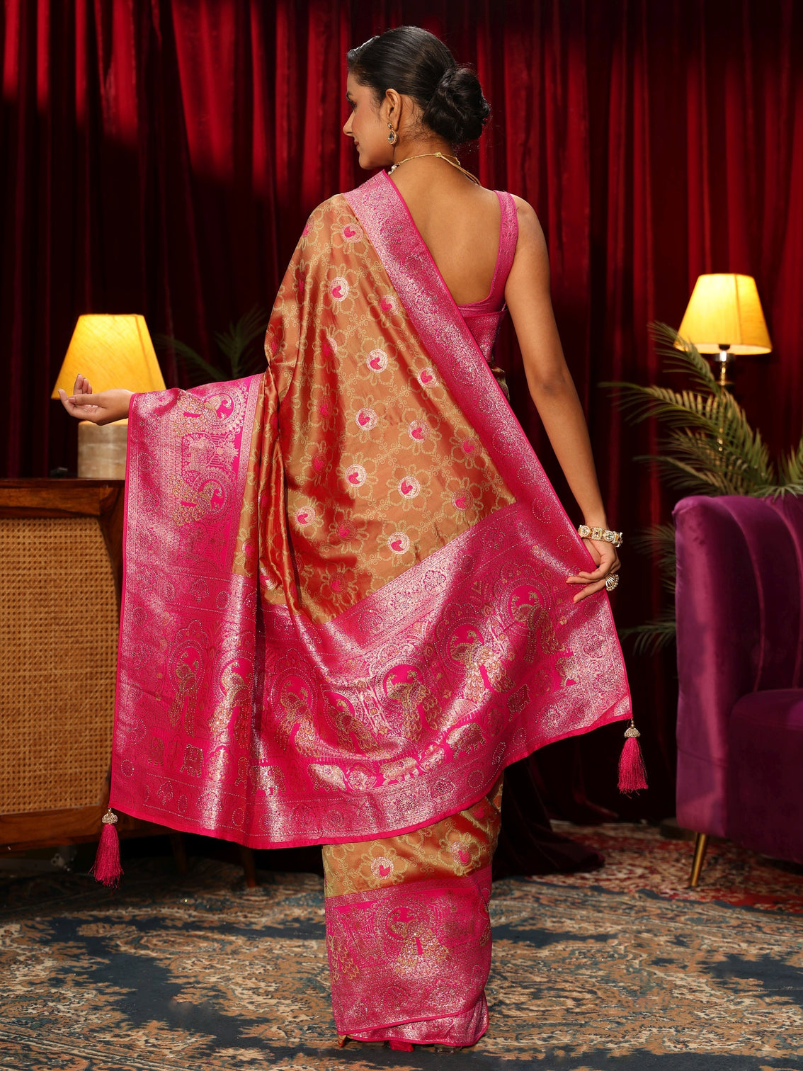 Mameraa Light Orange Floral Woven Design Embellished Silk Blend Saree