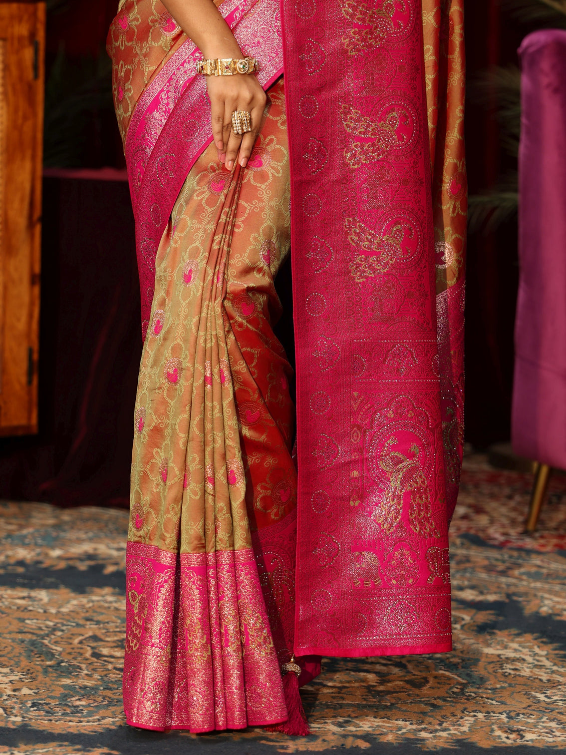 Mameraa Light Orange Floral Woven Design Embellished Silk Blend Saree