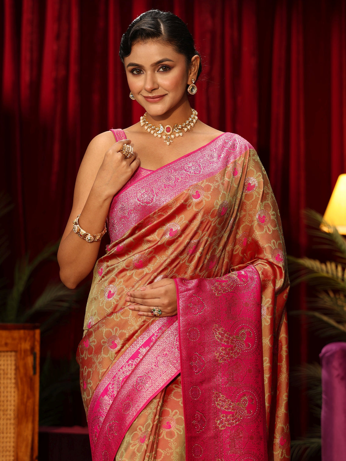 Mameraa Light Orange Floral Woven Design Embellished Silk Blend Saree
