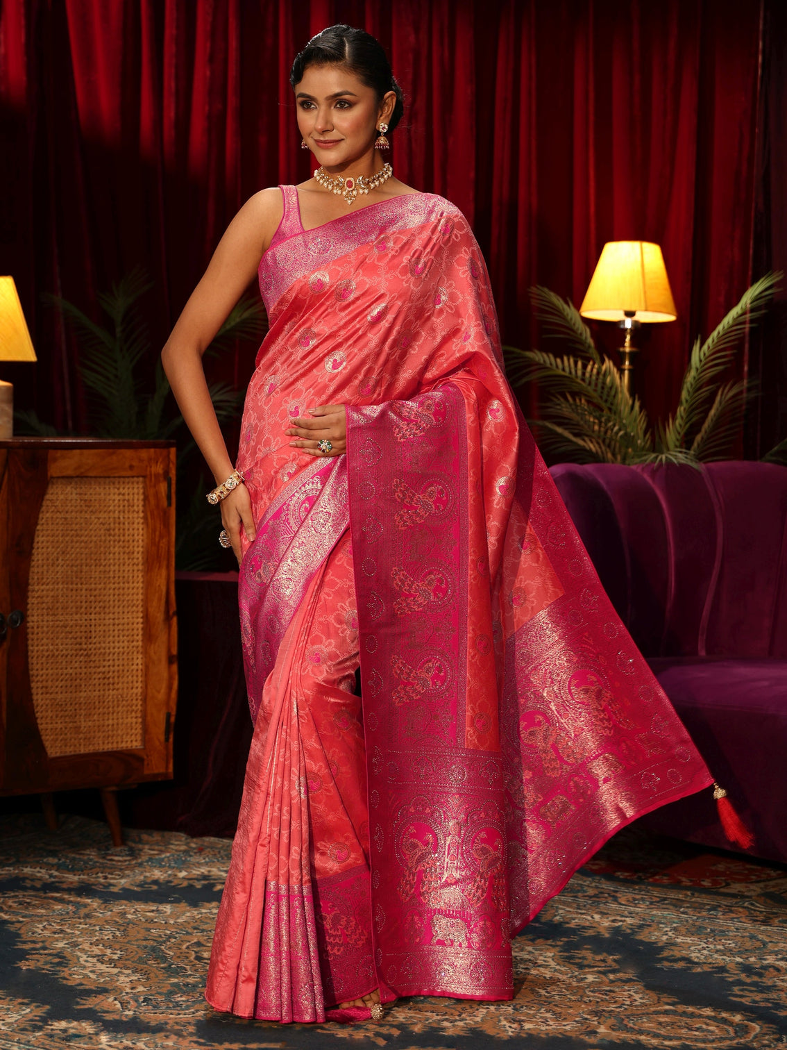 Mameraa Peach Floral Woven Design Embellished Silk Blend Saree
