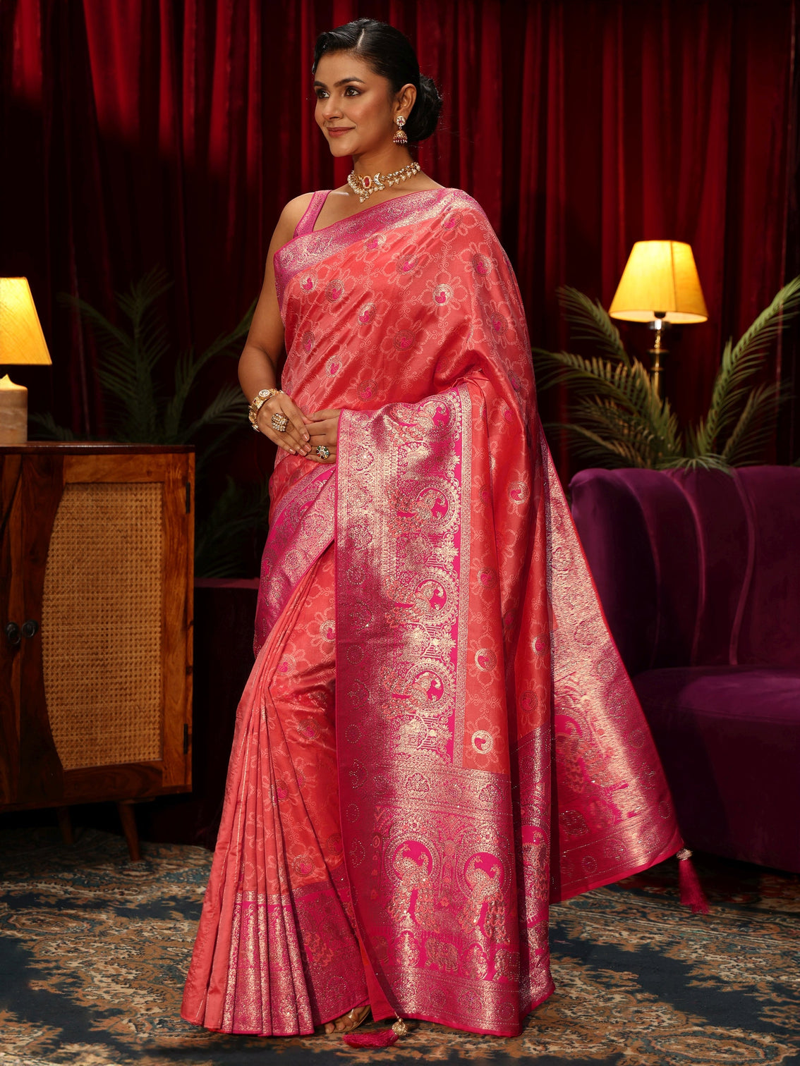 Mameraa Peach Floral Woven Design Embellished Silk Blend Saree