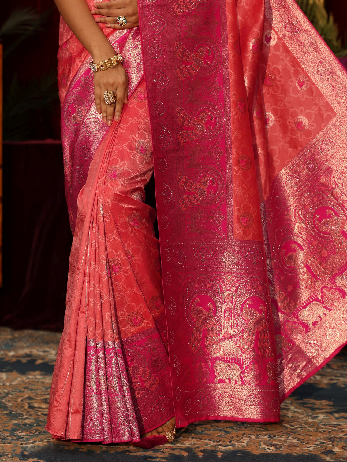Mameraa Peach Floral Woven Design Embellished Silk Blend Saree